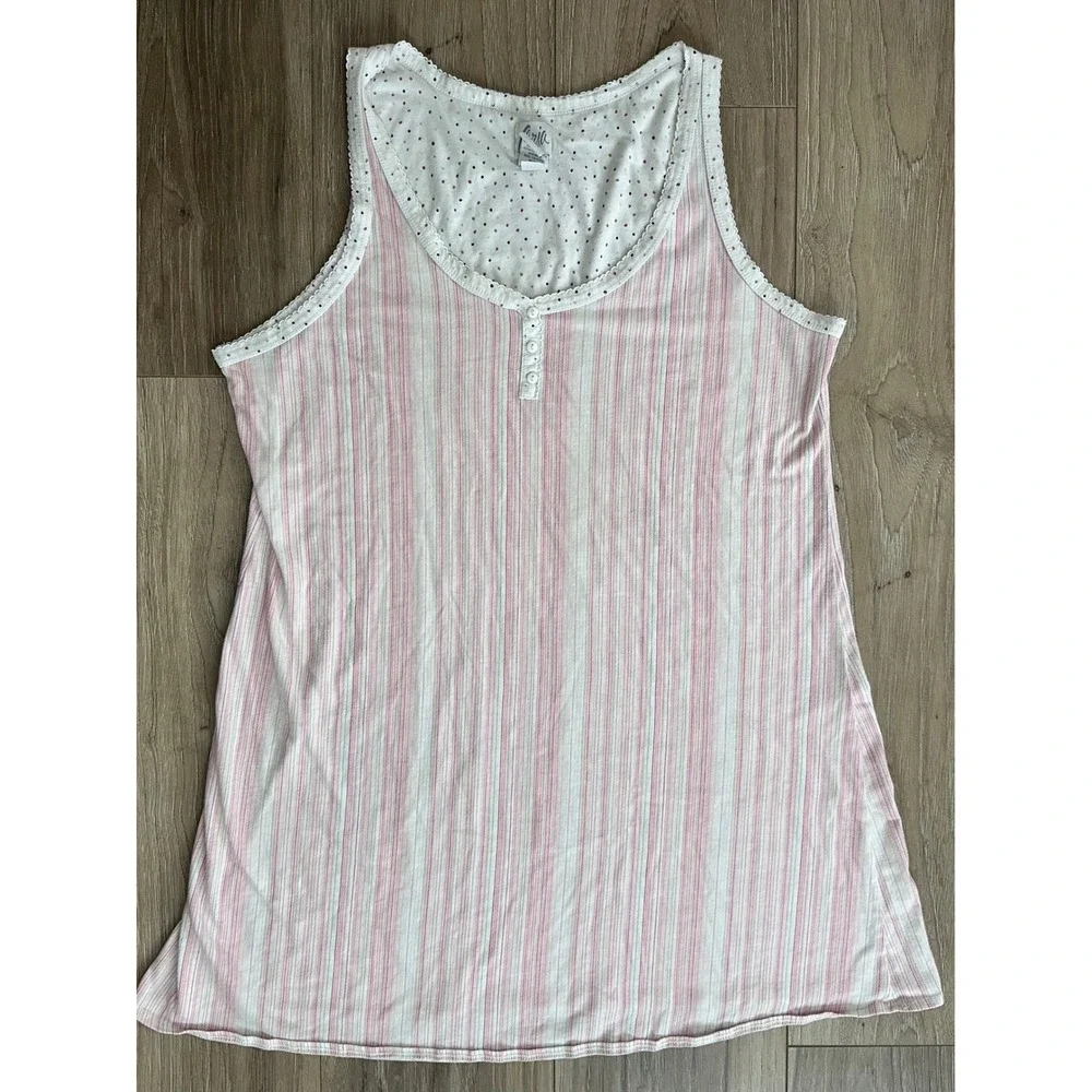 Aria Pink White Striped Henley Nightgown Sleeveless Polka Dot Lace Trim Large